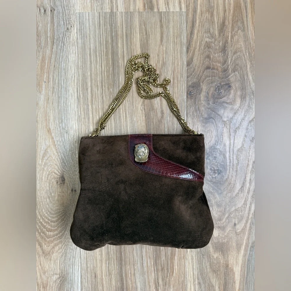 Ruth Saltz Vintage 80s Brown Suede & Snakeskin Cougar Head Shoulder Bag